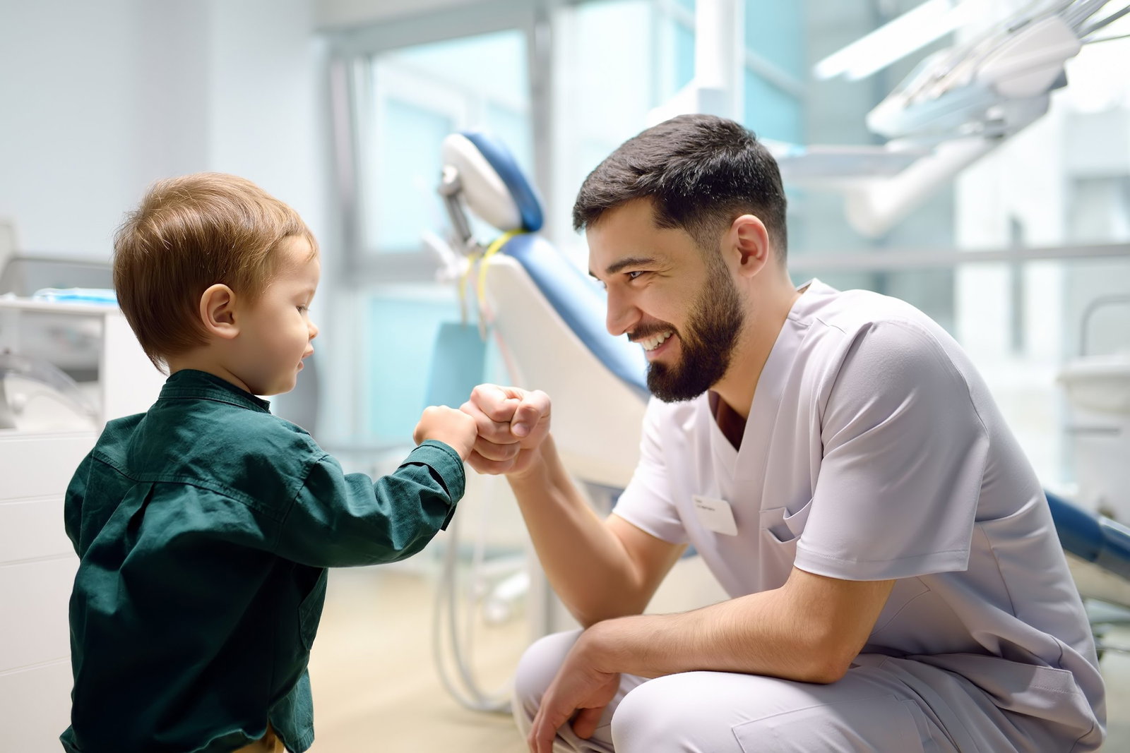 Smiling dentist giving a knuckle, fist pump to smiling young toddler